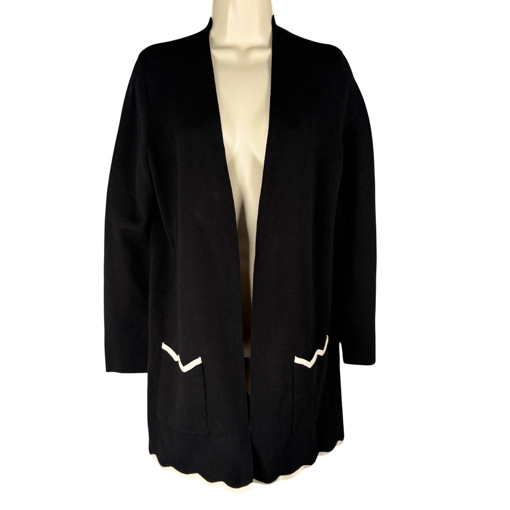 Talbots Small Womens Black Open Front Scalloped Hem Long Cardigan Sweater